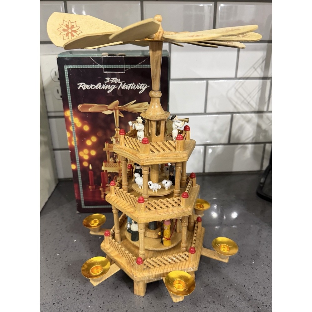 Vintage 3-Tier Wooden Christmas Pyramid Nativity Carousel Revolving W/box